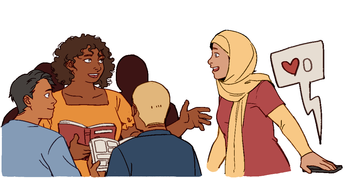 A group of activists reading and talking. One has their hand on a face-down phone, which is indicating 'zero likes'.