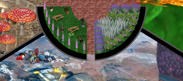 An image from the networks online Gather environments, showing four different zones: mushrooms, a garden, a rubbish tip and energy of different types.